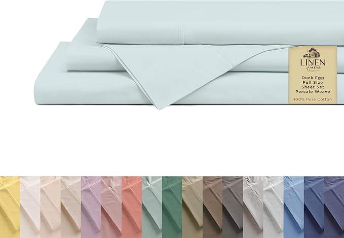 Linen Home 100% Cotton Percale Sheets Full Size, Blue Duck Egg, Deep Pocket, 4 Pieces Set - 1 Flat, 1 Deep Pocket Fitted Sheet and 2 Pillowcases, Crisp Cool and Strong Bed Linen