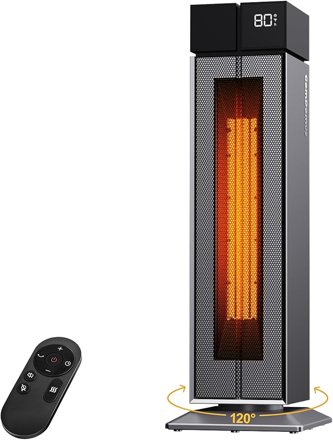 ComDomus Electric Heaters for Indoor Use, 25” Space Heater Large Room with 120° Oscillation, 3 Heat Levels, 3 Modes, Multiple Safety Protections, 12H Timer, Silver Ceramic Tower Heater for Bedroom
