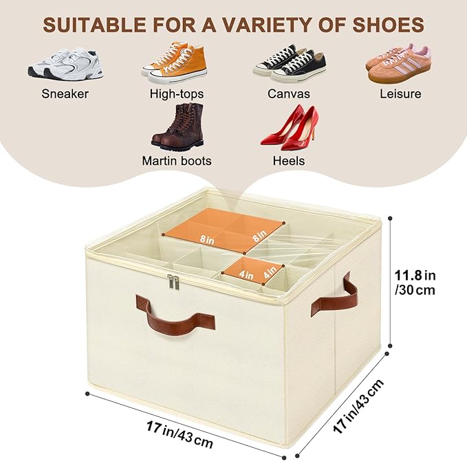 Shoe Organizer for Closet, Foldable Shoe Storage Box with Clear Top Lid, 3 Leather Handles, Adjustable Dividers, Fits 8-16 Pairs, Stackable Shoe Bin for Bedroom (Beige, 1 PCS/16.9*11.8*1.57 inch)