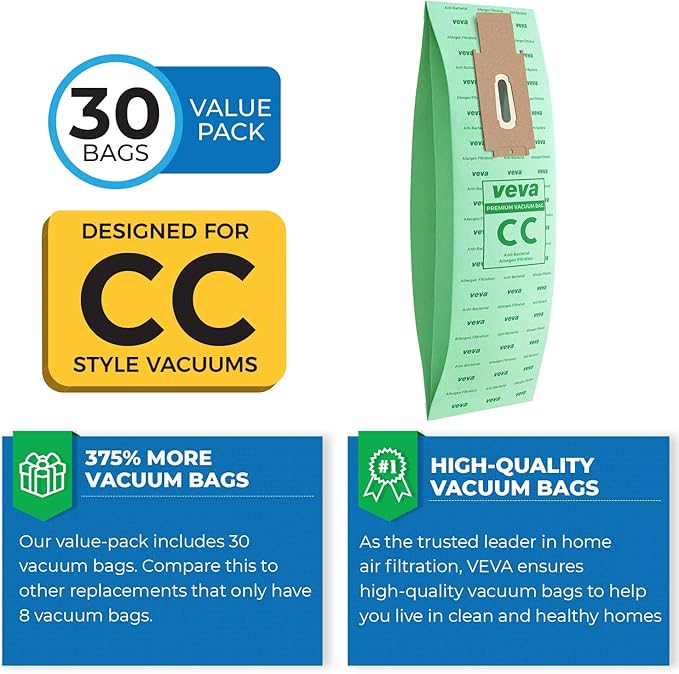 30 Pack Type CC Vacuum Bags for Oreck XL, XL5, XL7, XL21, 2000, 3000, 4000, 7000, 8000, 9000 Upright Vacuum Cleaner, Hypo-Allergenic Bags