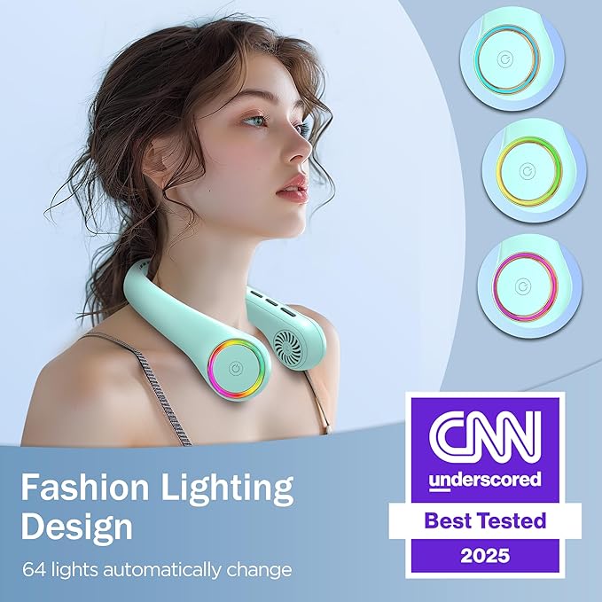 GULAKI Portable Neck Fan, Personal Fan with 4000mAh Battery, Rechargeable Neck Fan with 3 Speeds and 64 Cool Lights, Birthday Gifts for Men Women Mom Dad, Hands Free Cooling fan for Summer(Green)