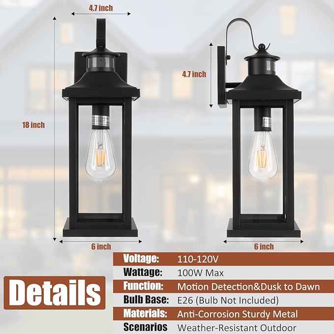 Roravilila 1-Pack 18 Inch Motion Sensor Front Porch Light IP65 Waterproof, Large Black Dusk to Dawn Outdoor Wall Lighting for House Exterior Light Fixture Clear Glass Garage Coach Light, E26 Bulb Base