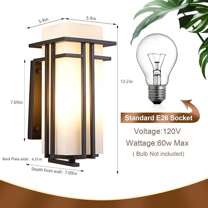EERU Outdoor Porch Light Wall Mounted Waterproof Wall Lantern Exterior Light Fixture for Entryways Yards Garage Front Porch, Square Metal Frame with Frosted Glass, Black