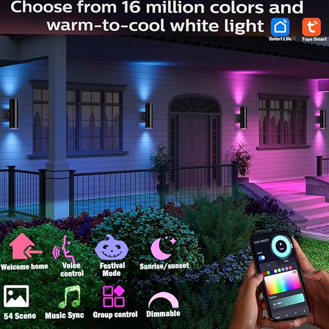 rosykite Exterior Double Up Down Outdoor Wall Lights,Mi.Light Remote Control RGB Color Changing 1000lm Warm White 3000k RGBW Cylinder Outdoor Wall Light,Smart LED Exterior Lighting (2 Pack)