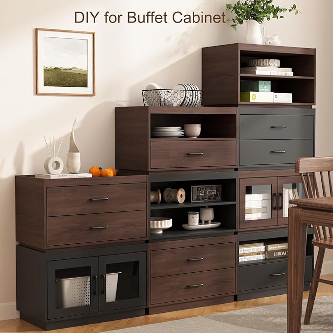 Stackable Storage Drawers, 28" Wide Storage Bins with 2 Drawers for Closet Organizers, Wood Stackable Closet Organizer Modern Large Stackable Storage Units for Living Room Hallway Bedroom, Brown