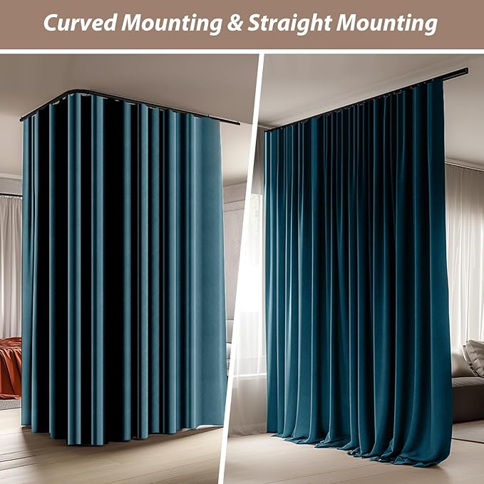 Room Divider Curtains with Ceiling Curtain Track Set Window Curtain for Bedroom,Living Room Total Blackout Thermal Insulated Privacy Ceiling Track Curtain W 9 × H 6 FT Azure Blue drape&Black track