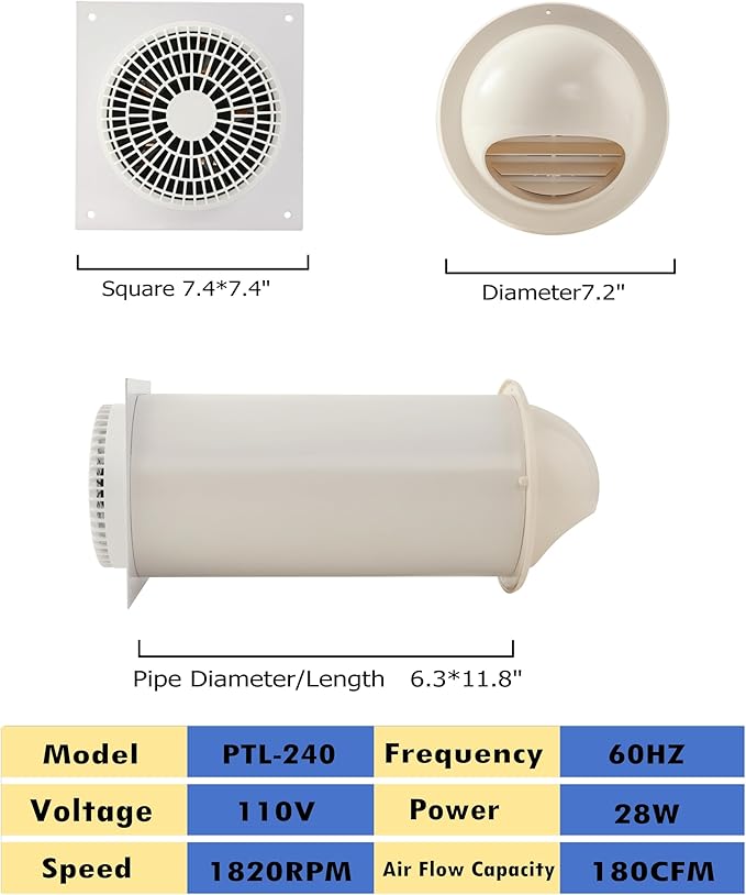 MEOZRI Through-the-Wall Ventilation Fan Exhaust Fan White Cover 6-inch Diameter Vent with 11.8 inch Length 180 CFM