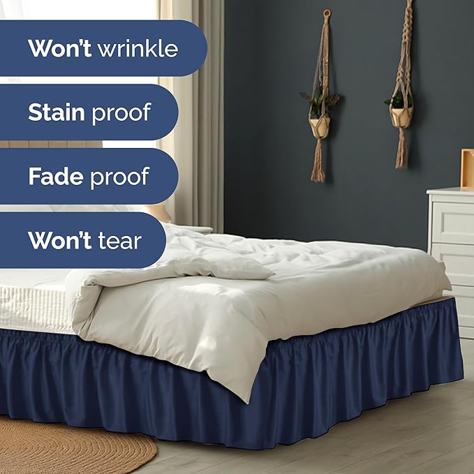 Wrap Around Dust Ruffle Bed Skirt - Navy Blue - Twin/Twin XL Size Beds with 15 Inch Drop - Elastic Strap - Adjustable Pleated Bedskirt with Brushed Fabric and Wrinkle Free - Women, Men, Kids & Teens