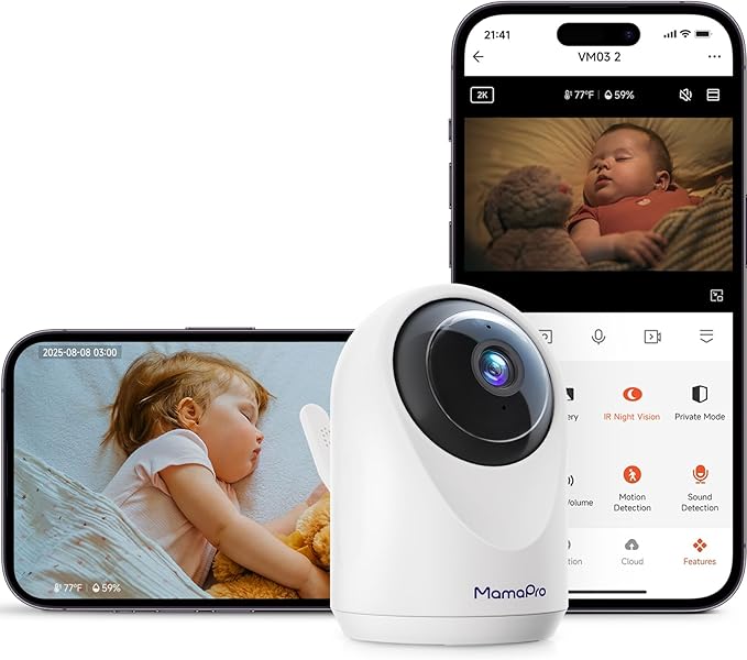 MAMAPRO Baby Monitor with Camera and Audio - 2K Color Night Vision, WiFi Video Baby Monitor - 355° Pan/70°Tilt, AI Motion/Cry/Temp/Humidity Alerts, 2-Way Audio, App for 20 Users, 8 Lullabies
