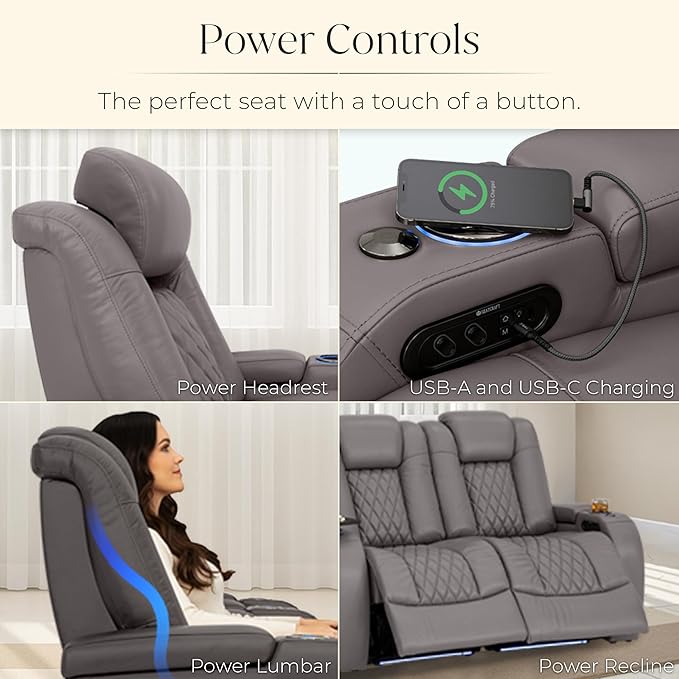 Seatcraft Diamante Zero-Gravity CoolZero Italian Leather Home Theater Seating, Power Headrest, Power Recline, Row of 2, Gray