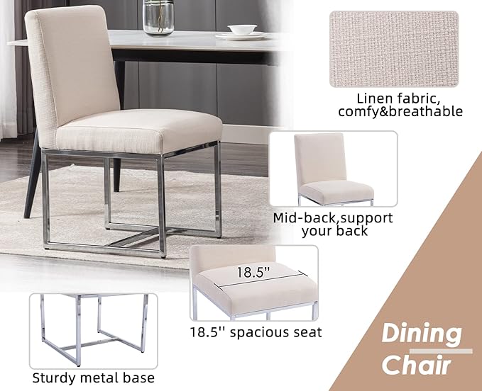 CIMOTA Modern Dining Chairs Set of 2, Upholstered Dining Room Chairs Armless Guest Side Chair with Chrome Base for Dining Room/Kitchen, Beige, 2PCS