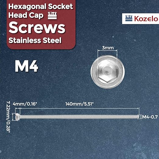 Kozelo 4pcs Socket Head Cap Screws - [M4-0.7 x 140mm] 304 Stainless Steel Allen Socket Drive for Electrical Motor 3D Printing Fan Engine Replacement Use, Silver