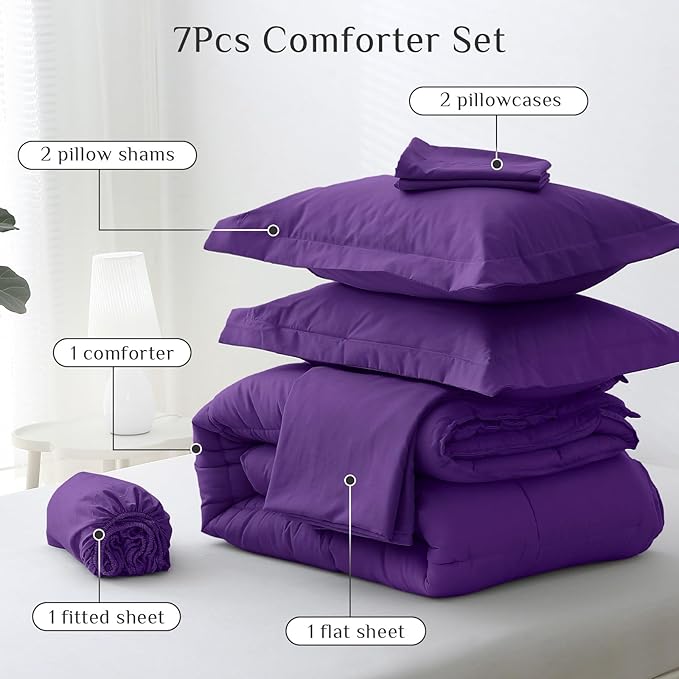 JOLLYVOGUE Queen Comforter Set, Ultra-Soft Bed in a Bag Queen Size 7 Pieces, Oeko-TEX Certified Bedding Set with Down Alternative Comforter, Sheets, Pillowcases & Shams, Purple
