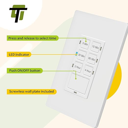 TG 4 Hour Countdown Timer Switch, Light Switch Timer for Bathroom Exhaust Fan, 5 min-2 Hours-4 Hours, Night Light LED Indicator, Neutral Wire Required, UL Listed, Screwless Wall Plate, White