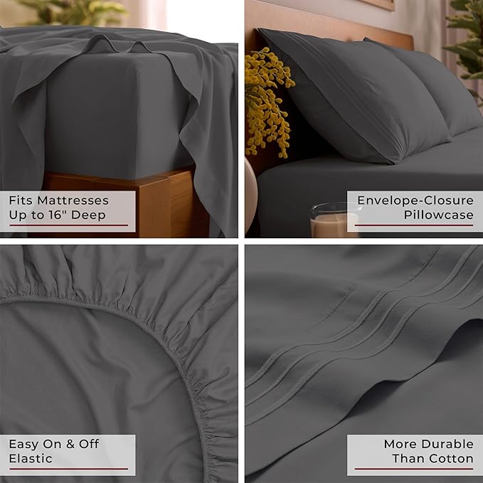 Mellanni King Sheet Set - 6-Piece Iconic Collection Bedding, (Including 4 Pillowcases), 16-Inch Deep Pocket, Easy Care, Extra Soft, Cooling Sheets, Brushed Microfiber - Gray