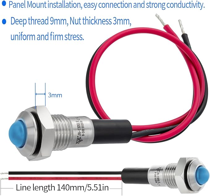 ZGSZJHF UL Listed Mini Indicator Light 8mm 0.31" Waterproof Domed Metal Stainless Steel Signal Lamp 12V-24V DC/AC Red and Green LED Light with 140mm Wire