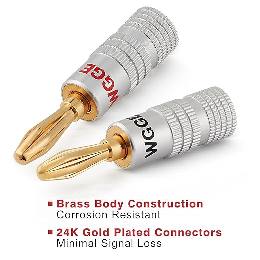 WGGE WG-009 Banana Plugs Audio Jack Connector, 24k Gold Dual Screw Lock Speaker Connector for Speaker Wire, Wall Plate, Home Theater, Audio/Video Receiver and Sound Systems (12 Pairs / 24 pcs)