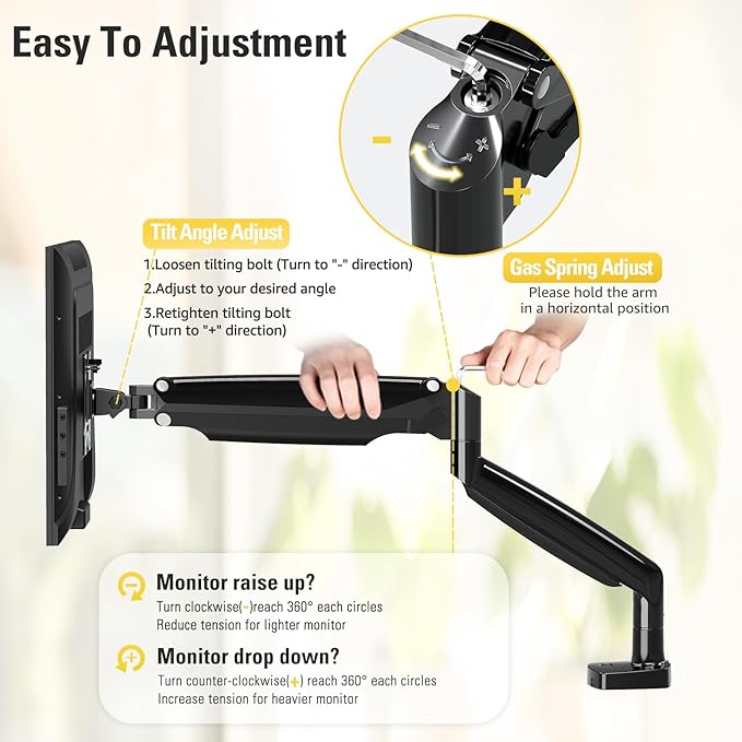 DreamAxis Single Monitor Mount Stand for 22-40" Computer Screens, Heavy Duty Gas Spring Monitor Arm Holds Up to 30.9 lbs, Adjustable Vesa Mount with C-Clamp & Grommet Base, Black