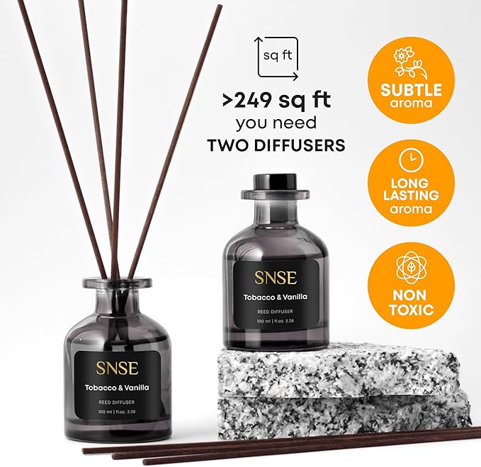 SNSE Tobaco & Vanilla Perfumed Reed Diffuser Set - Premium Reed Diffusers for Home with Diffuser Reeds, Luxurious Gift Aroma, Sophisticated Scent, Ideal for Relaxation, Elegant Home Fragrance