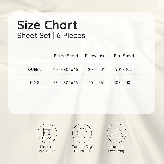 Bambaw 100% Viscose Derived from Bamboo Queen Size Sheet Set - 6pcs Cooling Sheets, Breathable, Super Soft, Fits Up to 16'' Mattress Depth, White