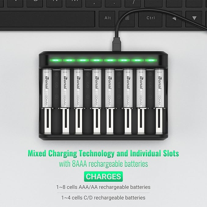 BONAI AAA Rechargeable Batteries, 8 Pack 1100mAh NiMH Batteries with Smart Universal Battery Charger