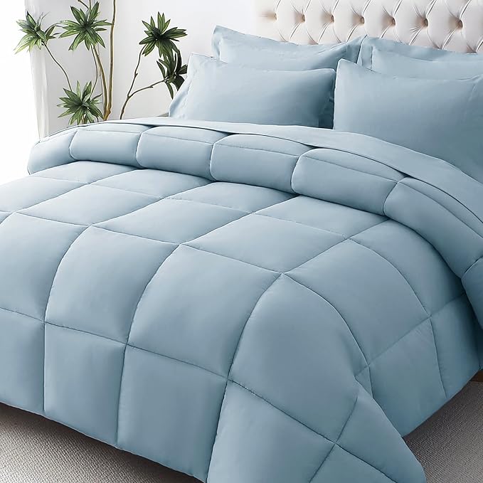 JOLLYVOGUE King Comforter Set, Ultra-Soft Bed in a Bag King Size 7 Pieces, Oeko-TEX Certified Bedding Set with Down Alternative Comforter, Sheets, Pillowcases & Shams, Lake Blue
