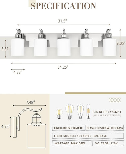 5 Light Bathroom Vanity Light, Brushed Nickel Vanity Lights for Morden Bathroom Lighting Fixtures Over Mirror Wall Light Fixtures with Milky White Frosted Shade ZCVL01BNW-5