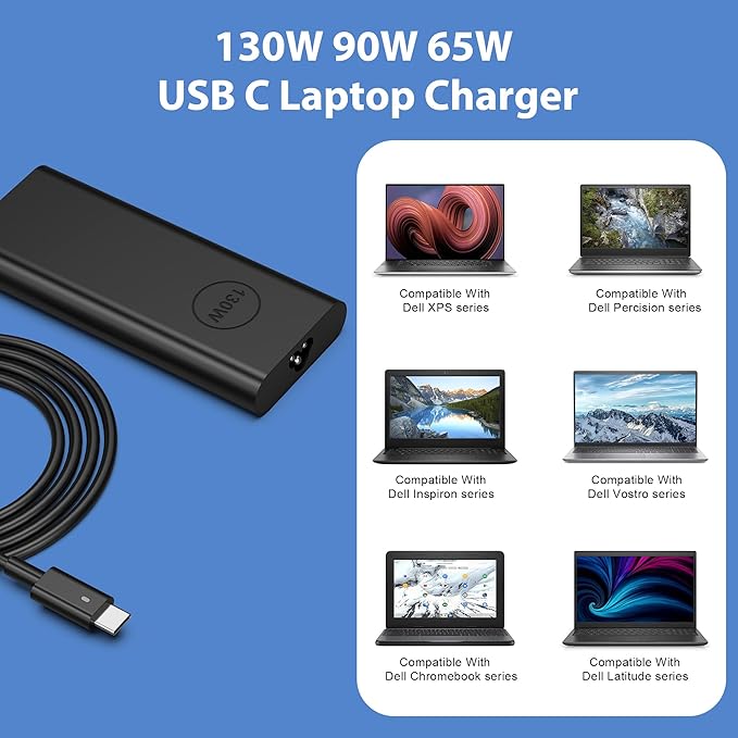 QIOUZW 2025 New 130W USB C Laptop Charger Compatible with Dell XPS 15 17 2in1 9575 9500 9700 Latitude 5280 5420 7210 7410 7480 Precision 5530 2in1 5550 5750 3560 DA130PM170 Power Adapter Cord Supply