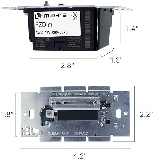 HitLights LED Driver and Dimmer Switch Single Integrated Unit, EZDim 120V AC – 12 V DC 60Watt Wall Dimmer Switch with Most Solid Color 12V DC Tape Lights