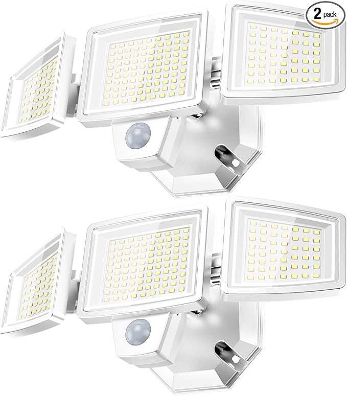 PURICH LED Security Lights Motion Sensor Outdoor Lights, 5000K Daylight, IP65 Waterproof, Dusk to Dawn, 3-Head Motion Detected Flood Light for Garage, Yard, Porch, White, 2 Pack