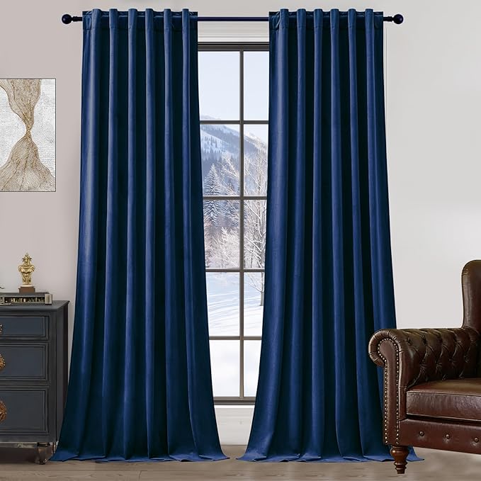 Navy Blue Velvet Blackout Curtains 84 Inches for Bedroom, Room Darkening Drapes Super Soft Elegant Thermal Insulated Privacy Window Curtain for Living Room, Back Tab Rod Pocket, W52 X L84, 2 Pcs