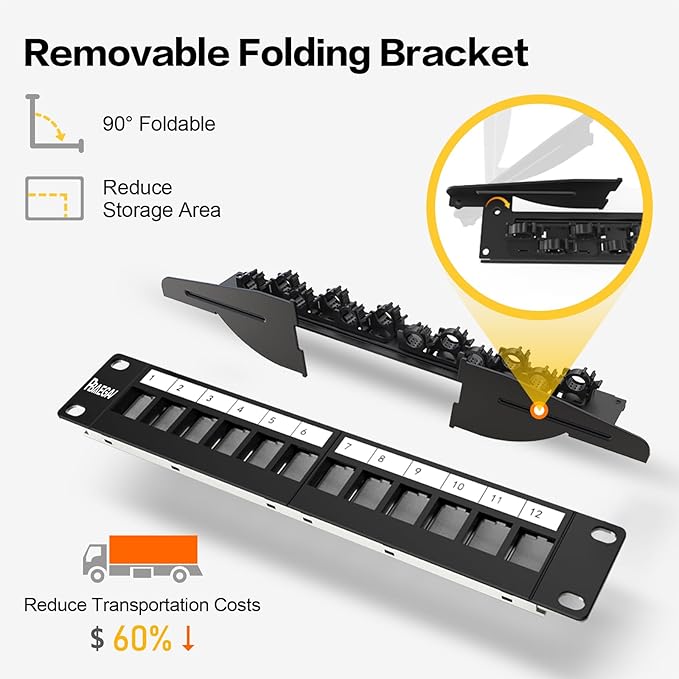PBAEGAV 12 Port Patch Panel Blank UTP/STP 1U 19“ Keystone Patch Panel with Cable Management and Support Bar Compatible with LC/SC/ST/FC/USB/HDMI Keystone Jack(12 Port)