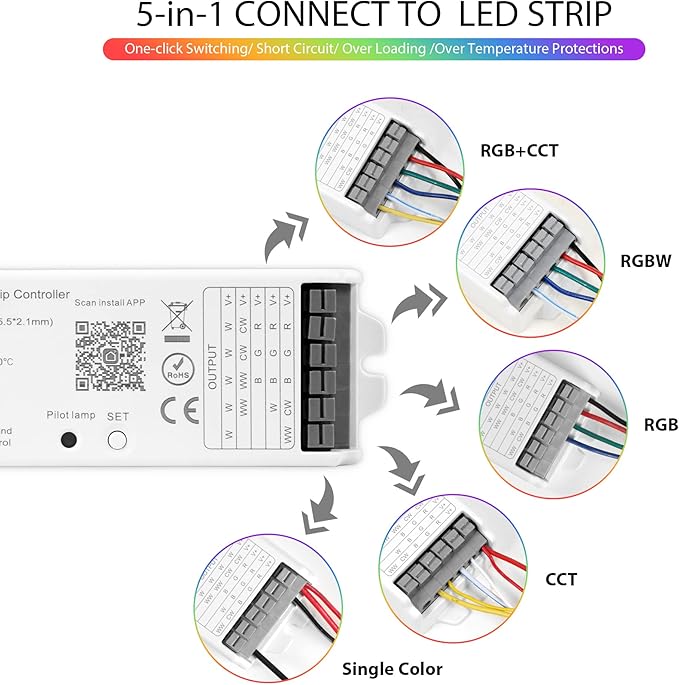 XXK WB5 RF WiFi Bluetooth LED Strip Controller RGB CCT RGBW 5in1 Dimmable Compatible with Smart Life APP/Alexa Echo/Google Assistant Home/Siri, DC12-24V Lights Controller