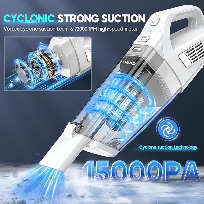 CKIKH Handheld Vacuum Cordless, 15000PA Strong Suction Hand Held Car Vacuum Cleaner Portable with Multi-Nozzles & Washable Filter, Lightweight Dust Busters Rechargeable for Home, Car, Office, Pets