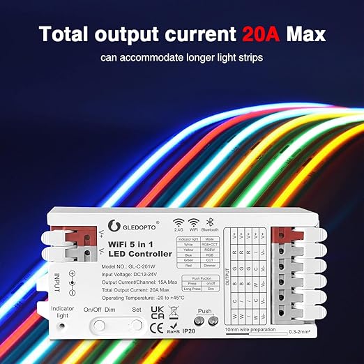 GLEDOPTO WiFi Bluetooth 5 in 1 LED Strip Controller DC12-24V 20A Current RGBCCT RGBW RGB CCT WWCW Dimmer Five Modes in One Work with Tuya Smart Life App Control for PWM Dimming Strip Light Easy Wiring