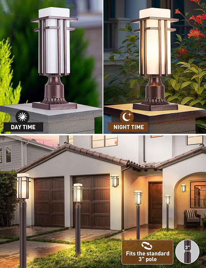EERU Oil Rubbed Bronze Outdoor Post Lights,Waterproof Pole Mount Light Fixture with Pier Mount Adapter(with 3-Inch Pier Mount Base), Exterior Lamp Post Lantern Head for Yard,Garden Backyard and Porch