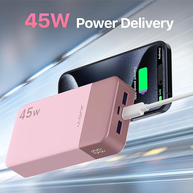 JUOVI J2621 Power Bank Portable Charger,20000mAh 45W PD3.0 QC 4.0 Fast Charging Battery Pack with LED Display,2 USB-C,2 USB-A for iPhone 15 16, MacBook (Pink)