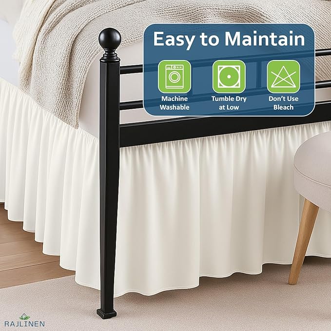 Rajlinen Ruffled Bed Skirt California King, 24 Inch Drop Dust Ruffle with Split Corners, 100% Microfiber Bedskirt with Platform, Three-Sided Coverage Ruffled Gathering Design, Ivory