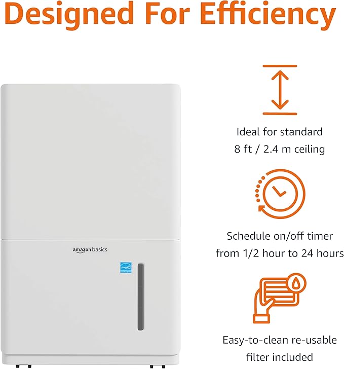 Amazon Basics Dehumidifier, 35-Pint, Energy Star Certified, for Basement, Bathroom and Other Rooms Up to 2500 SFT, with Timer, auto-defrost, Overflow Protection, White