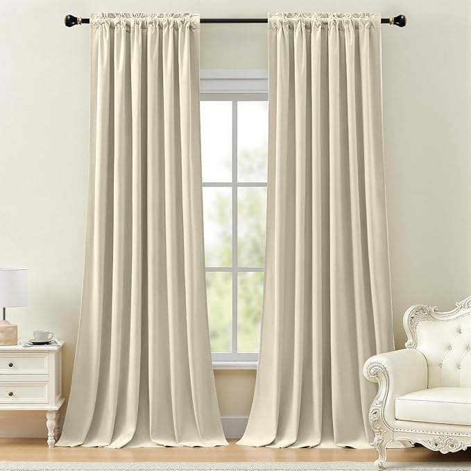 Ivory Velvet Curtains 96 Inches for Bedroom, Thermal Insulated Super Soft Room Darkening Sound Reducing Velvet Curtain Privacy Drapes for Living Room, Back Tab Rod Pocket, W52 x L96, 2 Panels