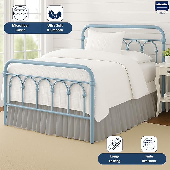 Ruffled Bed Skirt with Split Corners-Dust Ruffle - 21" Drop 100% Microfiber Soft,Sheen & Luxurious Look - Bed Skirts (Light Grey -Twin)