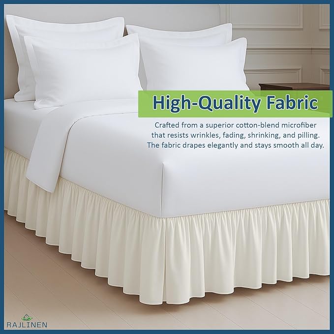 Rajlinen Ruffled Bed Skirt Full, 8 Inch Drop Dust Ruffle with Split Corners, 100% Microfiber Bedskirt with Platform, Three-Sided Coverage Ruffled Gathering Design, Ivory