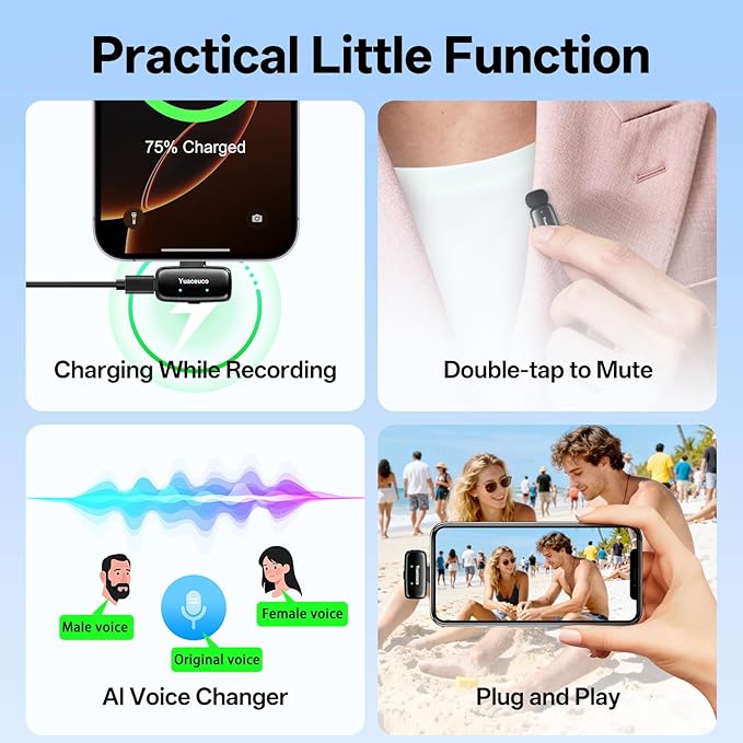 Yuaceuco Mini Wireless Lavalier Microphone for iPhone ipad Android, Noise Reduction and Mute, 33h Charging Case, AI Voice Changer, 131FT Range, Mini Lapel Mic for Video Recording, Vlogging, YouTube
