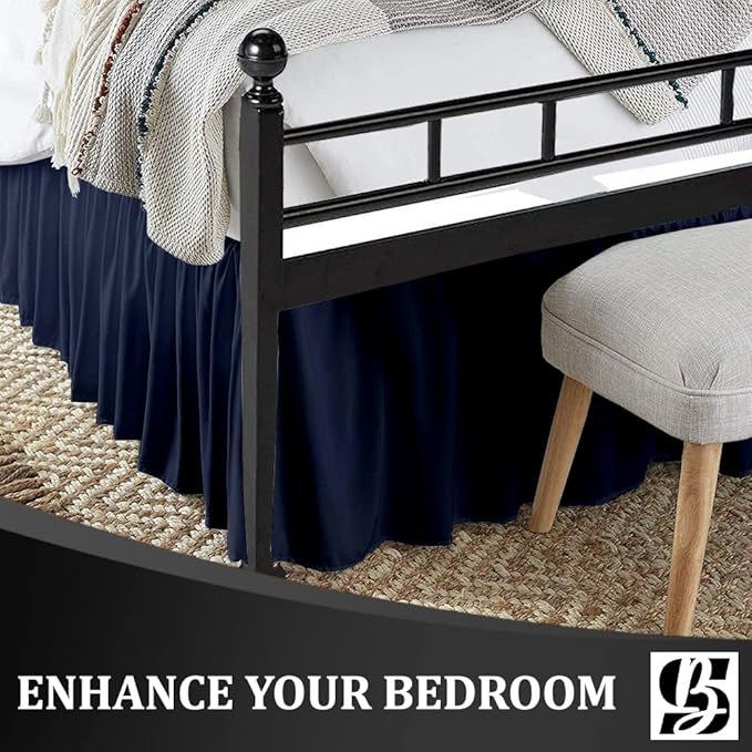 SKY BEDDINGS - Queen Size Ruffled Bed Skirt with Split Corners - 12 Inch Drop Dust Ruffle Bed Skirt with Platform Three Sided Coverage - 100% Microfiber, Navy Blue