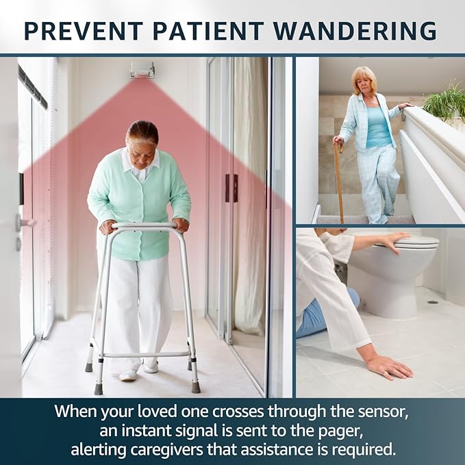 SYNLETT Bed Alarm Caregiver Pager with 2 Wireless Motion Sensors Alarm Indoor Fall Prevention for Elderly Monitoring Seniors Dementia Patients Seniors Home Door Chime