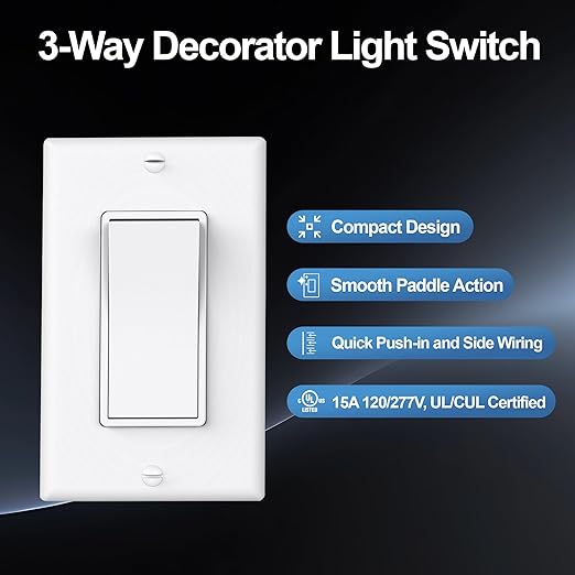 ThunderWay 3 Way Decorator Light Switch with Wall Plates, 15A 120/277V Decora Three Way Electrical Wall Paddle Rocker Switches Replacement, Residential Grade, UL Listed, Glossy White(10 Pack)