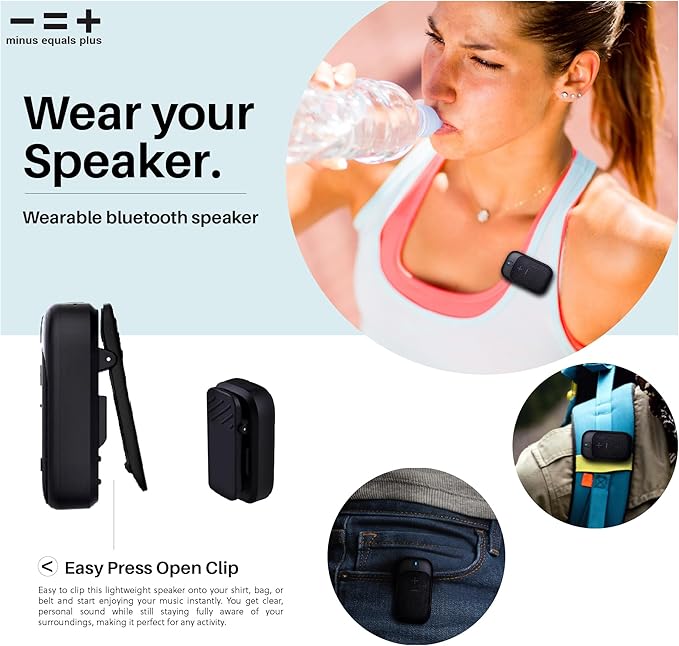 MINUS EQUALS PLUS - = + Golf Speaker/Wireless Wearable Bluetooth Speaker/Portable/Clip on/Up to 18hrs of Battery Life/Built-in Mic for Hands-Free Music and Calls/Water Resistant/Modern Design (Black)