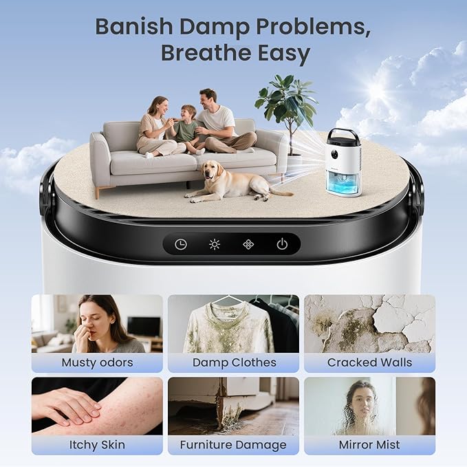 Dehumidifier for Home, 68 OZ Water Tank Dehumidifiers for Bathroom, Bedroom, Living room with, Auto Humidity Control, Digital Display, 7 Color Breathing Light, White