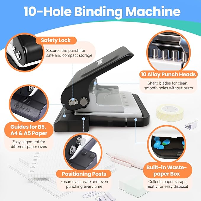 10-Hole Binding Machine for Planners,Metal Punch Loose Leaf Tool 26 Holes for B5, 30 for A4, 20 for A5 Paper,Handheld Manual Book Binder,Notebook Puncher for Home, Office, School, DIY Projects
