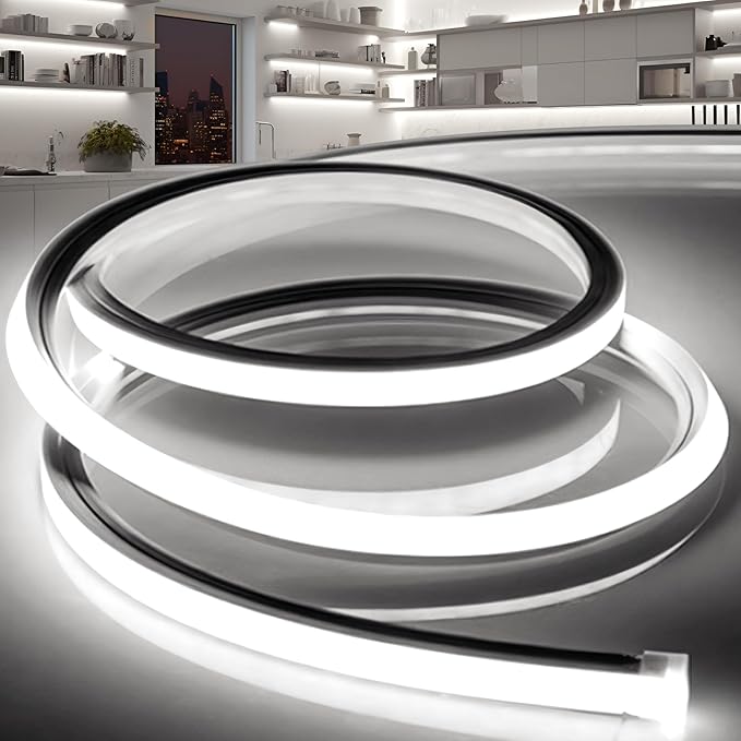 VOEWT LED Strip Lights Daylight White 6000K,32.8ft 110-120V Neon Rope Lights,Flexible Silicone Outdoor Waterproof Neon Strip Lights for Bedroom,Mirror,Kitchen Cabinet, Living Room,Halloween Decor